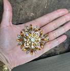 Vintage Judy Lee 2 5  Large Flower Pin Brooch Yellow Rhinestones Gold Tone Euc