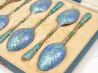 Antique Box Of 6  Russian Scandinavian Styled Solid Silver   Enamel Teaspoons