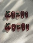 3d Cherry Press-on Nails Red Cateye Reusable Handcrafted Size  Small