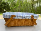 Longaberger Large Basket With Handles  Blue white Liner  Excellent Condition