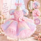 Girls Pink Blue Floral Tulle Tutu Dress Puff Sleeve Bow Princess Party