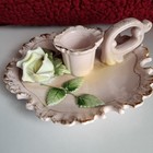 2 Vtg  Lefton Ceramic Taper Candle Holder With Finger Holder- Pink W white Rose