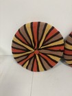 Vtg  70 s Knit Pinwheel Pillow 12   Round Handmade Orange brown yellow Striped