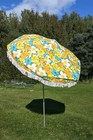Vtg Mcm Patio Tilt Umbrella Orange Blue Yellow Flower Floral Fringed  as Is Read