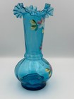 Antique Victorian Aqua Blue Hand Blown Glass Vase Ruffled Rim Painted Flowers