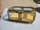 Vintage Large Ormolu Brass Jewelry Casket Box Beveled Glass Tufted Velvet Lined