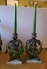 X 2 Vintage Hollywood Regency  Ornate Brass Candlestick Holders Green W candles