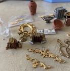 40 Dollhouse Miniatures Vintage-wood  Brass   Paper  Terra Cotta  Tin   Book End