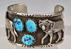 Vintage Navajo Sterling Silver Original Turquoise Wolf Cuff Signed Dc 97 9g