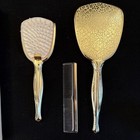 Vtg 3 Piece Vanity Set In Original Box Mirror Brush Comb Gold With Floral Design