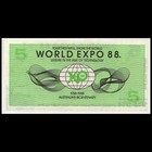 Australia World Expo 88 Five Expo Dollars Banknote 1988 Serial 50440640