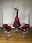 Vintage Mcm Ruby Red Italian Venetian Murano Decanter Stopper   4 Glasses Silver