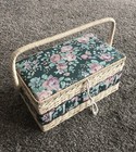 Excellent Vintage Green Floral Wicker Sewing Basket 13x7