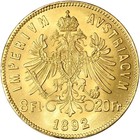 1892 Austria Gold 8 Florin 20 Francs  1867 Oz - Franz Joseph I - Au - Restrike