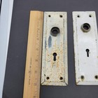 Vintage Pair Brass Rectangle Doorknob Back Plates Shabby Painted White