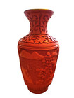 Vintage Chinese Florals Hand Carved Red Cinnabar Vase With Blue Enamel On Copper
