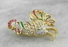 Real Moissanite 1 50 Ct Round Cut Rooster Brooch Pin 14k Yellow Gold Plated