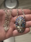 Sterling Silver Big Inlaid Indian Cheif Head Warrior Mutli Stone Necklace  925