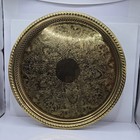 Vtg Solid Brass Round Tray With Ornate Etching And Pierced Sides 12  Diameter 