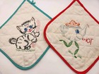 Vintage 2 Kitschy Embroidered Pot Holders Kitten   Anthropomorphic Tea Pot