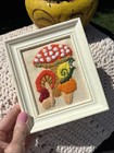 Vtg 1970s Framed Mushroom   Snail Crewel Embroidery Framed Boho Hippie 6 5x5 5   