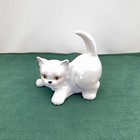 White Kitten Cat Statue Ceramic Playful Kitty Figurine Gold Eyes Happy Tail Up