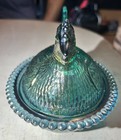 Vtg Rare Indiana Glass Hen Evergreen Carnival Aqua 7  Nest Covered Candy Dish 