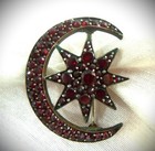 Gorgeous Rare Antique Victorian Silver Gilt Bohemian Garnet Moon Star Brooch Pin