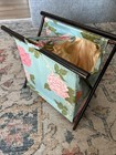 Vintage Wooden Frame Folding Knitting Yarn Basket Floral Design Silk Lined