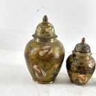 Vintage Lidded Brass Urn Set 3 Floral Gilt Enamel Decorative Vases Asian Mini