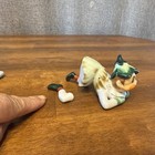 2 Vintage Pixie Elves Ceramic Figures Pixies Green Elf Japan Leaf Hat Leg Broken