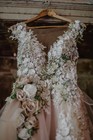 3d Floral Lace Wedding Dresses Champagne V-neck A-line Laryed Long Bridal Gowns