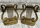 Vintage Harp Brass Book Ends Musical Symbol Pair Staff Stand Bookends