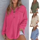 Women Long Sleeve T-shirt Loose Fit Waffle Tee Tops lapel Pullover-blouse-casual