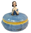 Vintage Blue Bisque  3  Piece Vanity Dusting Powder Jar Box   Lady Powder Puff