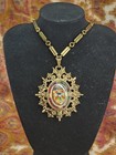 Antique Victorian Heraldic Crown Torch Coat Of Arms Reverse Painted Necklace