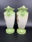 Pair Of Vintage Urn Style Vases Embossed Floral Pattern   Green Tone Detailing