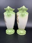 Pair Of Vintage Urn Style Vases W  Embossed Floralpattern   Green Tone Detailing