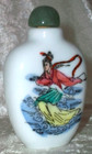 Vintage Chinese Hand Painted Signed White Porcelain Green Jade Cap Snuff Bottle