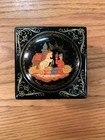 Vintage Russian Black Lacquer Wooden Double Deck Trinket Box Hand Painted Signed