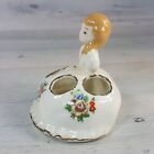 Vintage 3  Ceramic Lady In Flowered Dress Lipstick Tube Holder Figurine 4 Slots