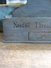 Primitive Antique Wood Keeping Box Blue Milk Paint Needles Thread Spools Stencil