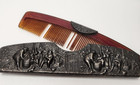 Vintage 1940s Tortoise Comb W  Repousse Silver Plated Village Scene Case 5 