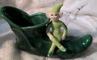 2 Vtg 1950 s Treasure Craft Lime Green Pixie Elf On Green Shoe Ceramic Planters