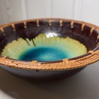 Vtg Ceramic 12    Bowl Natural Woven Basket Exterior Turquoise Green Yellow Brown
