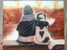 Original Oil Painting Dog Puppy Landscape Art People Autumn Hand Painted 20x16