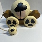 Vintage Wooden Cow Rolly Polly Ball   Brown Cart Pull Toy