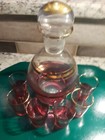 Vintage Rare Pink   Gold Stripe rim Liquor Decanter Set  Gold Rimmed W 6 Glasses