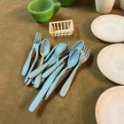 1940s Akro Agate Glass Child   s Dishes Lot Blue Green White Plus Utensils