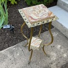 Victorian Plant Stand 31  Brass Onyx Vtg 2-tier Accent Table Marble Regency